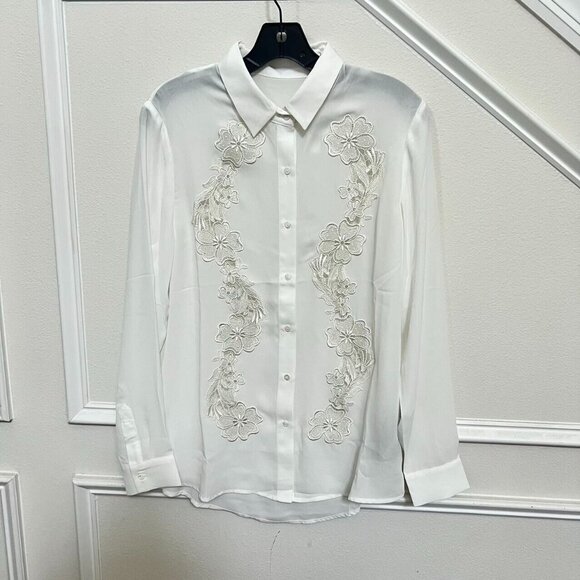 Unbranded Tops - Woman White Embroidered Lace Long-Sleeved Shirt Size S Blous